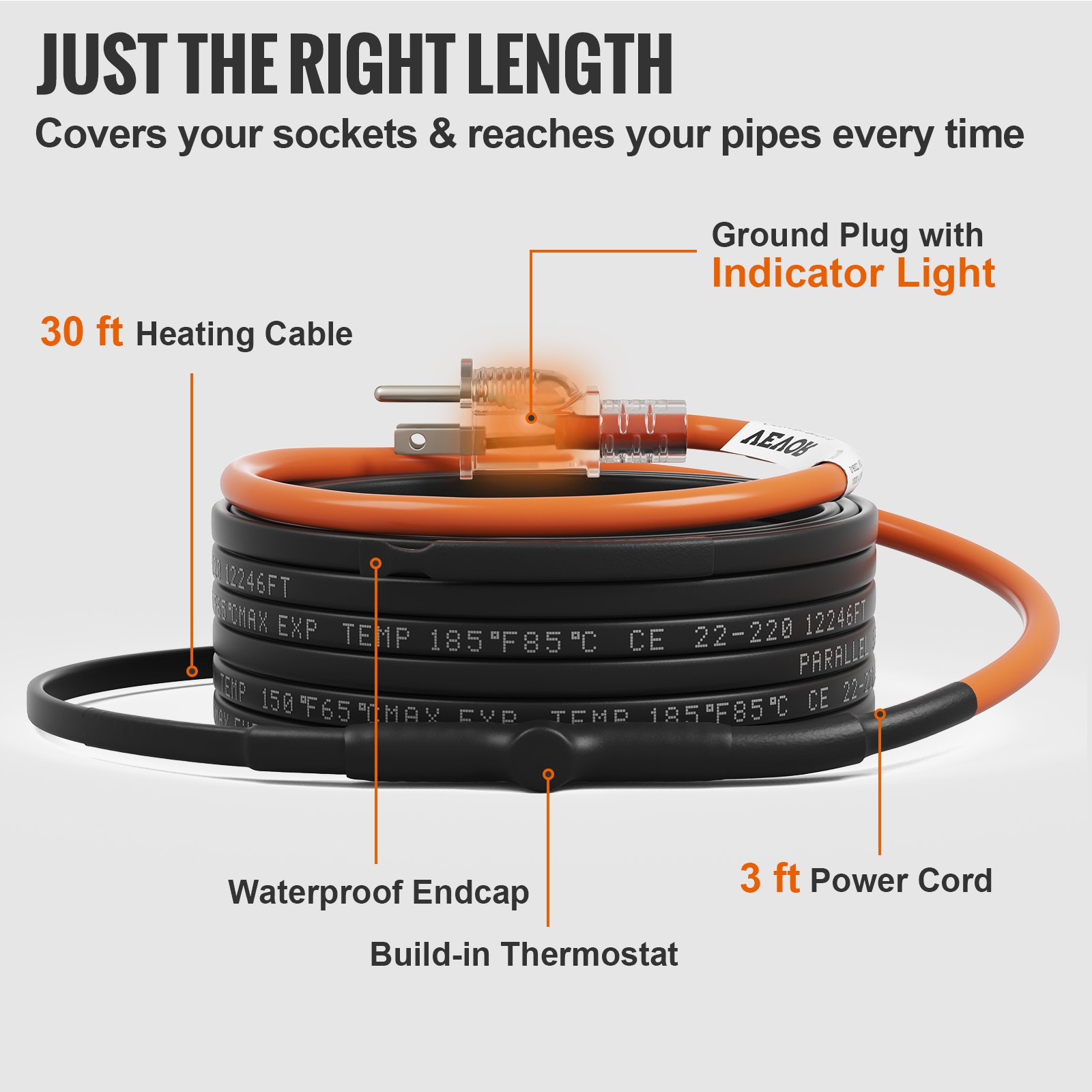VEVOR SelfRegulating Pipe Heating Cable, 30feet 5W/ft Heat Tape for