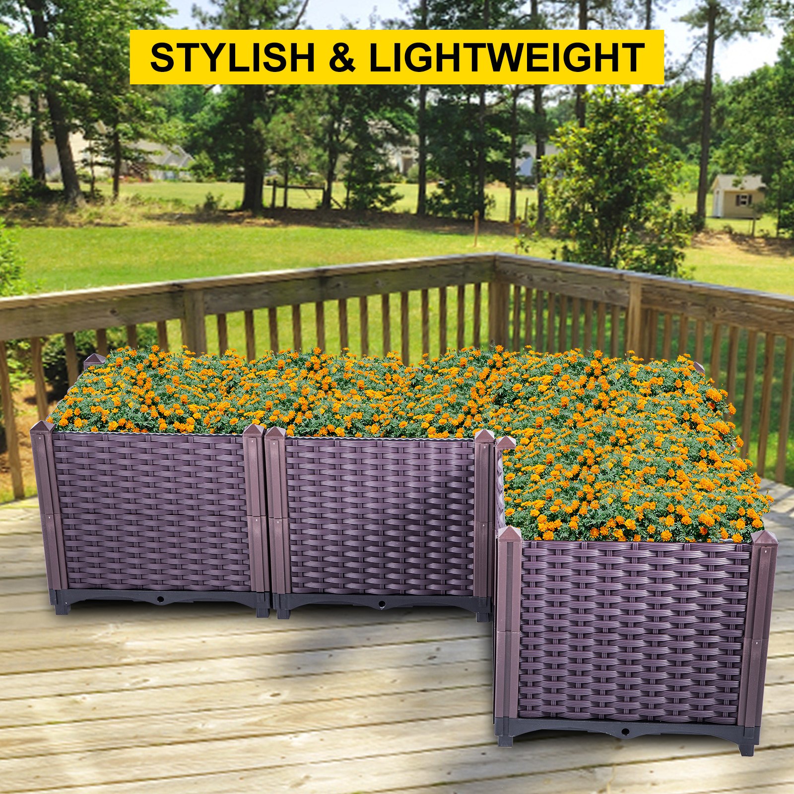 VEVOR Plastic Raised Garden Bed, 14.5H Flower Box Kit, Brown Rattan Style Grow Planter Care Box