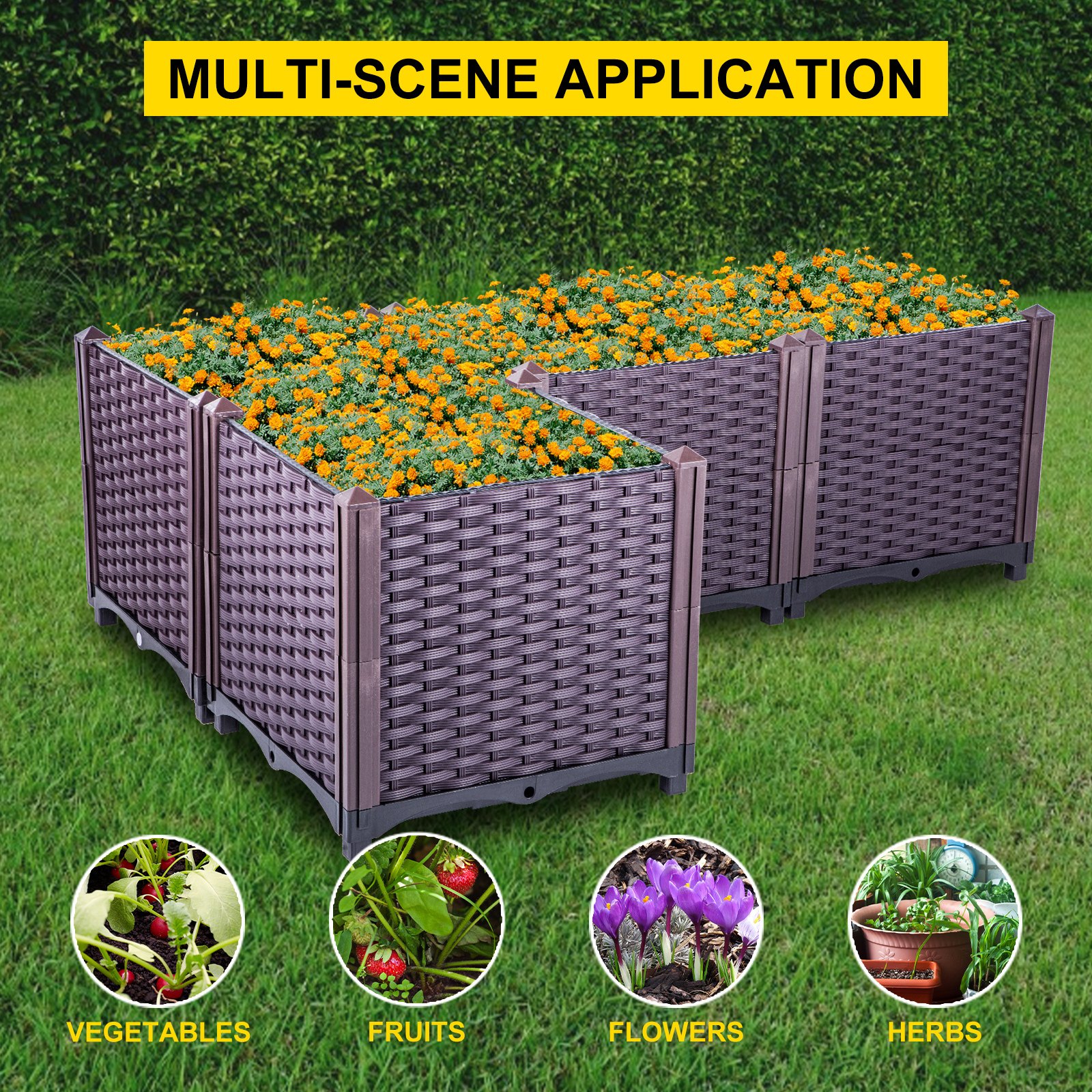 VEVOR Plastic Raised Garden Bed, 14.5H Flower Box Kit, Brown Rattan ...