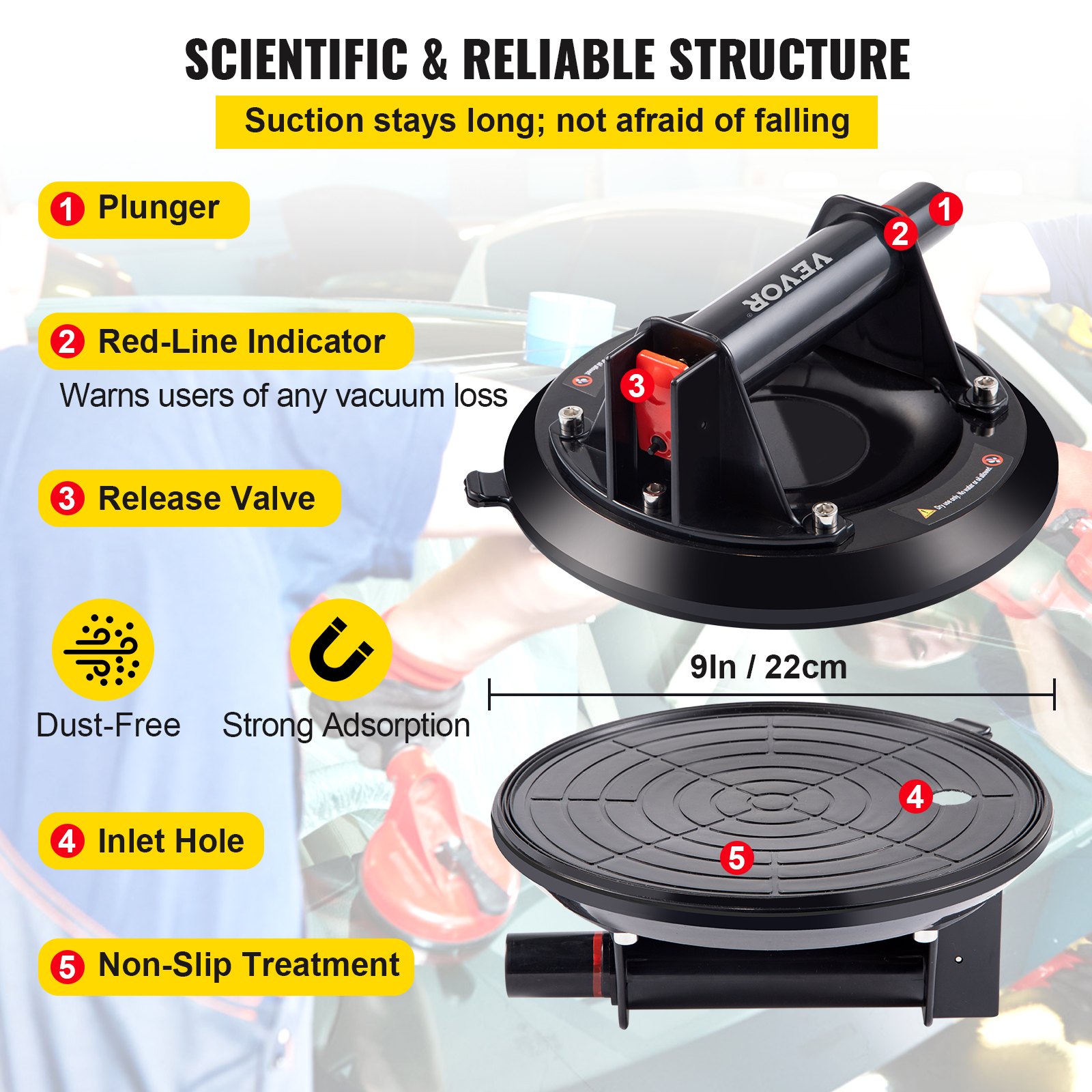 VEVOR Glass Lifting Vacuum Suction Cup, 9'' Glass Lifter Suction Cup
