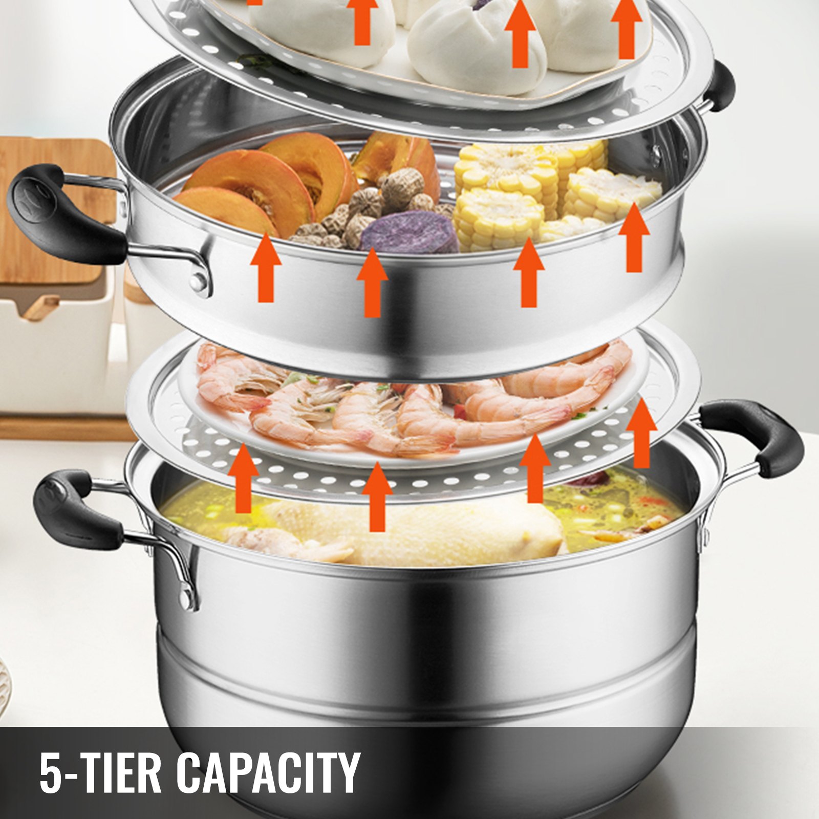 VEVOR 5-Tier Stainless Steel Steamer, 11'' Multi-Layer Cookware Pot ...