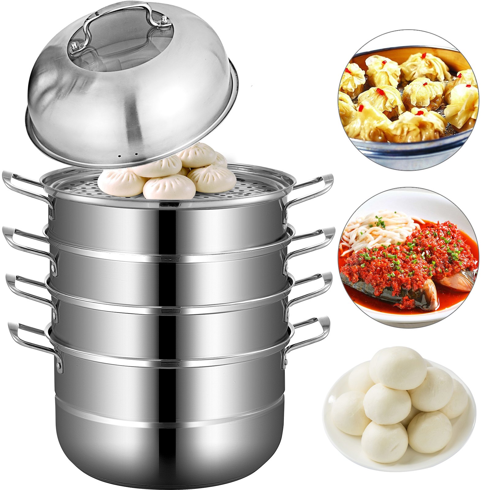 VEVOR 30cm Stainless Steel Food Steamer Set Glass Lid 5 Tiers Kitchen