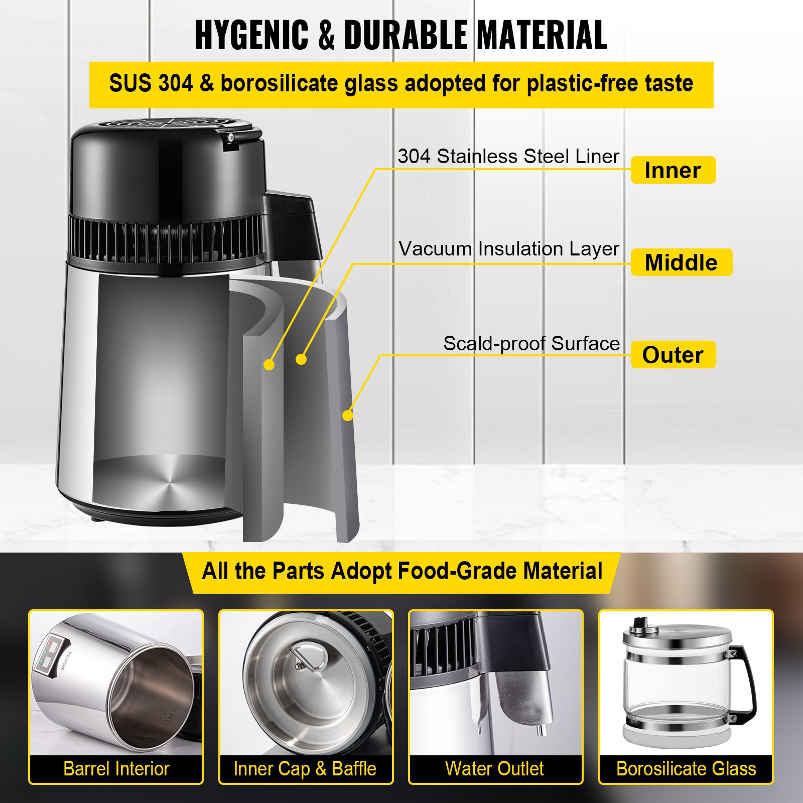 VEVOR Water Distiller, 4L Distilled Water Maker, Pure Water Distiller