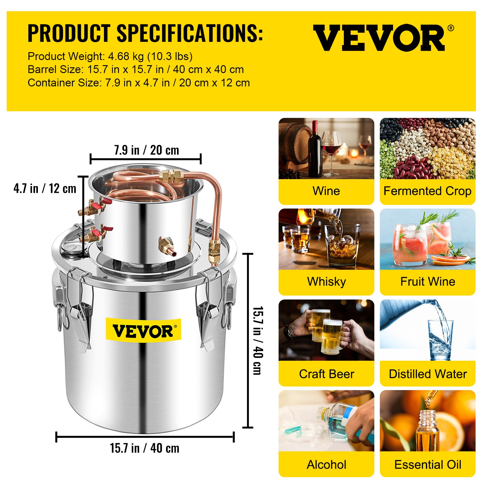 VEVOR Alcohol Still, 50L Distillery Kit w/Condenser & Pump, 13.2Gal ...