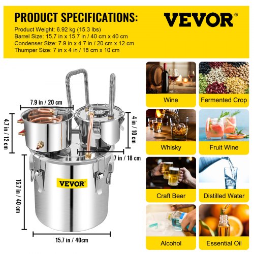 VEVOR Moonshine Still Water Alcohol Distiller 13.2Gal w/Thumper Keg & Water Pump VEVOR US