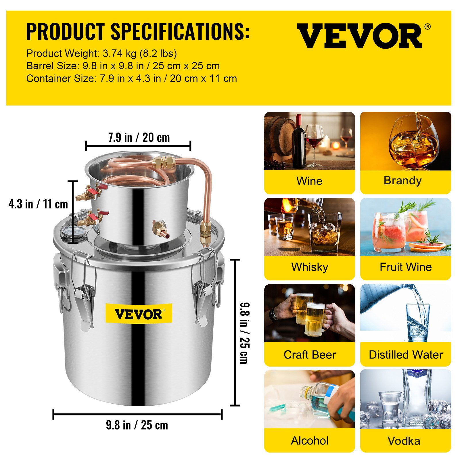 VEVOR Water Alcohol Distiller, 3 Gal, Distillery Kit w/Circulating Pump