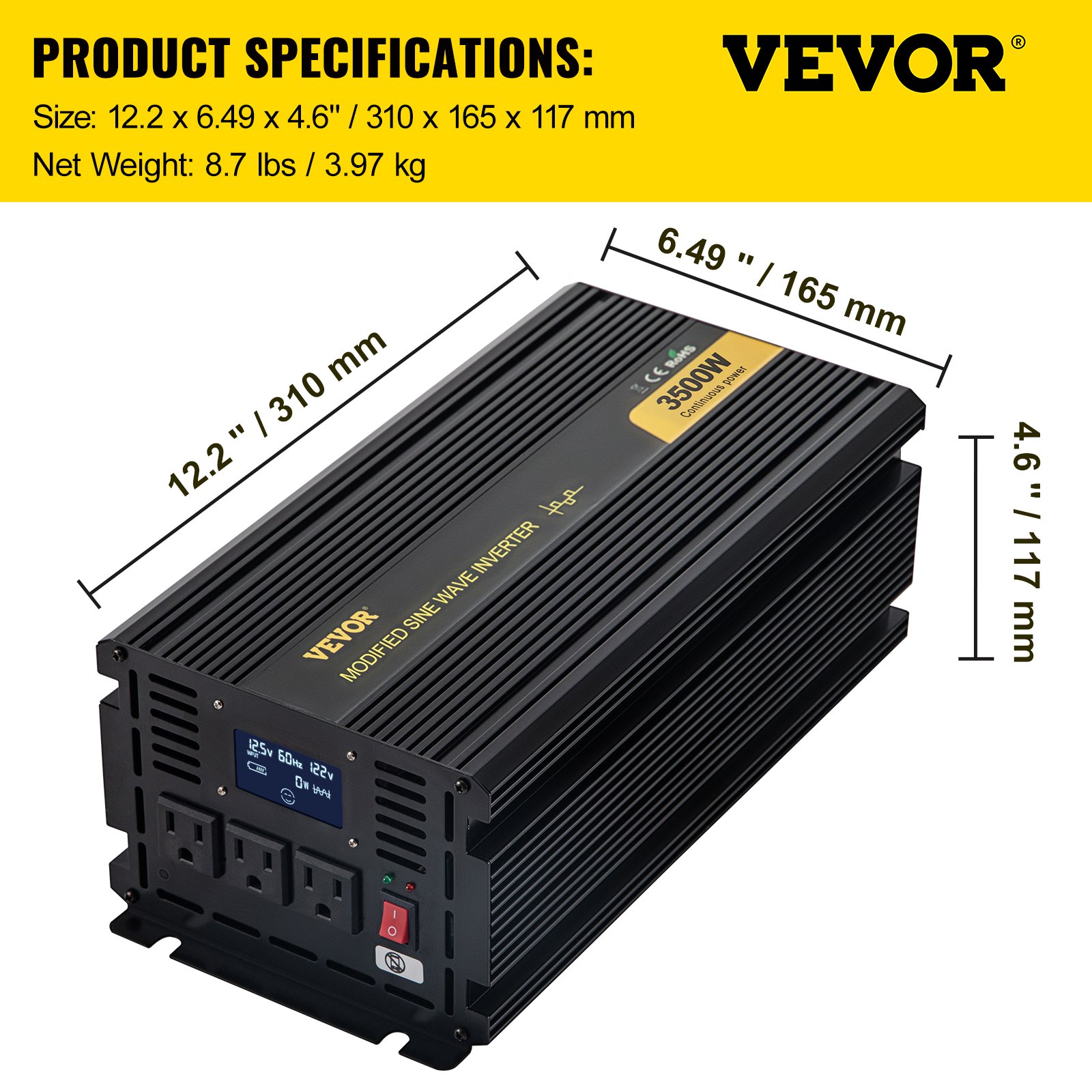 VEVOR Power Inverter, 3500W Modified Sine Wave Inverter, DC 12V to AC