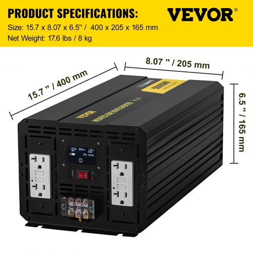 VEVOR Power Inverter, 5000W Modified Sine Wave Inverter, DC 12V to AC