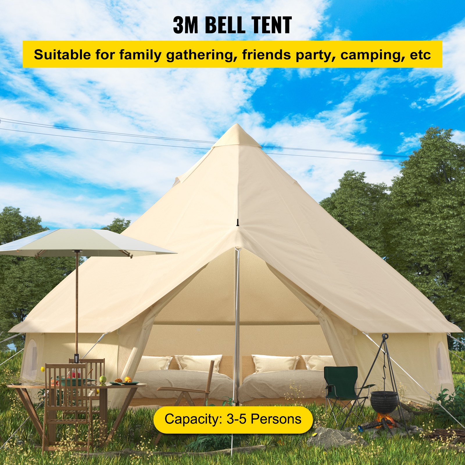 VEVOR VEVOR 3M Bell Tent 3-5 Persons Canvas Tent with Stove Hole Cotton ...