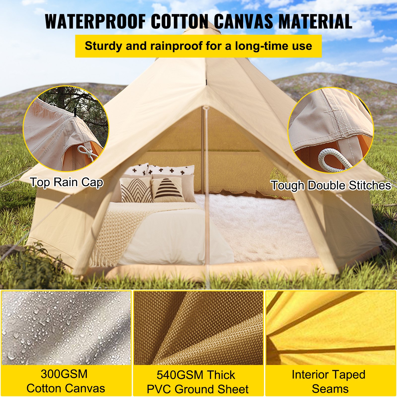 VEVOR Canvas Bell Tent 5m Waterproof Oxford Yurt Family Camping Regatta