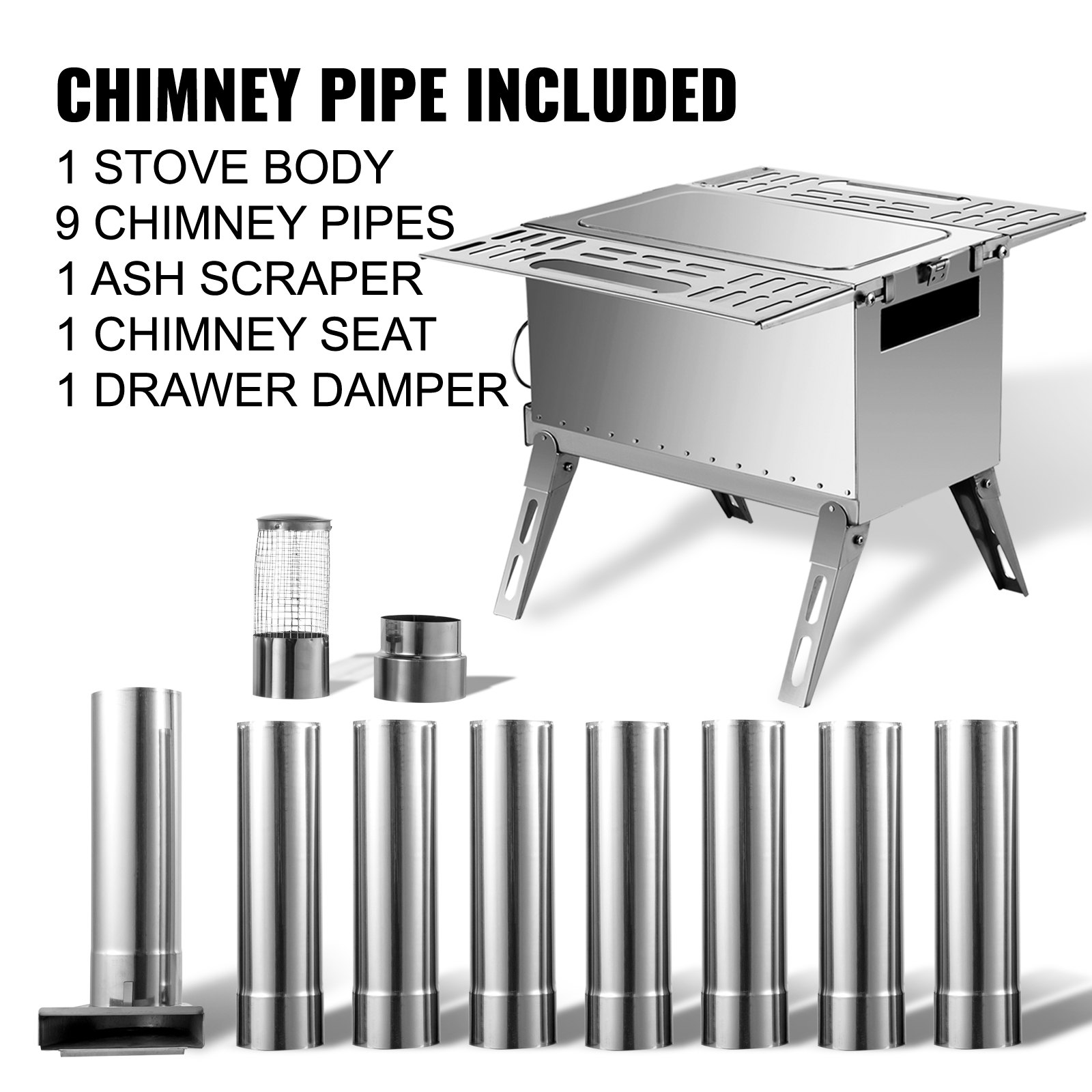 Outdoor Wood Stove Ss304 Portable Camping With Pipe For Vented Tent Cooking VEVOR US