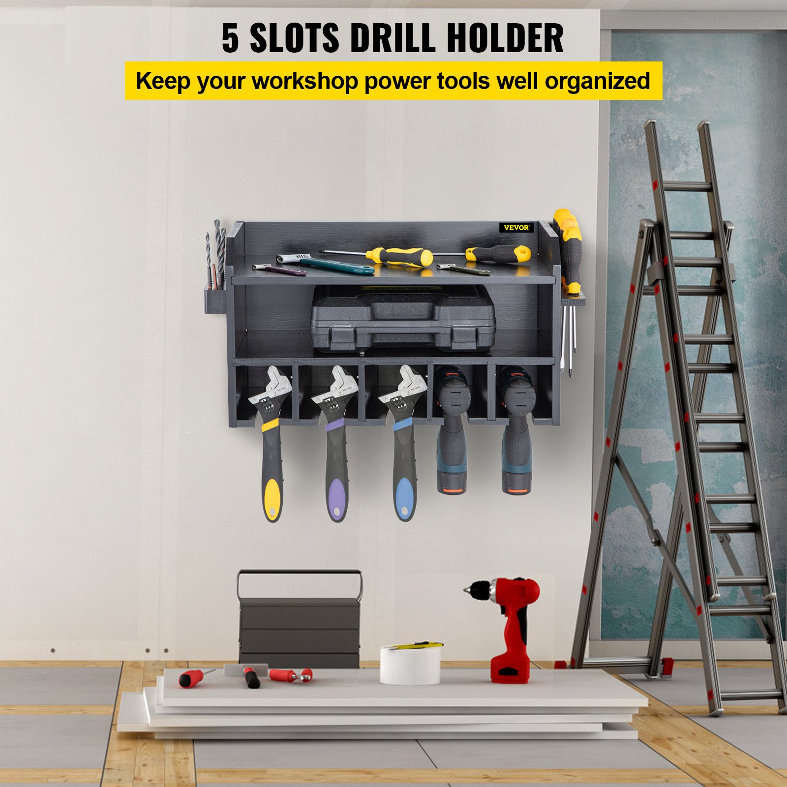 VEVOR Power Tool Organizer Drill Wall Tool Holder 5 Slots Wall Mounted