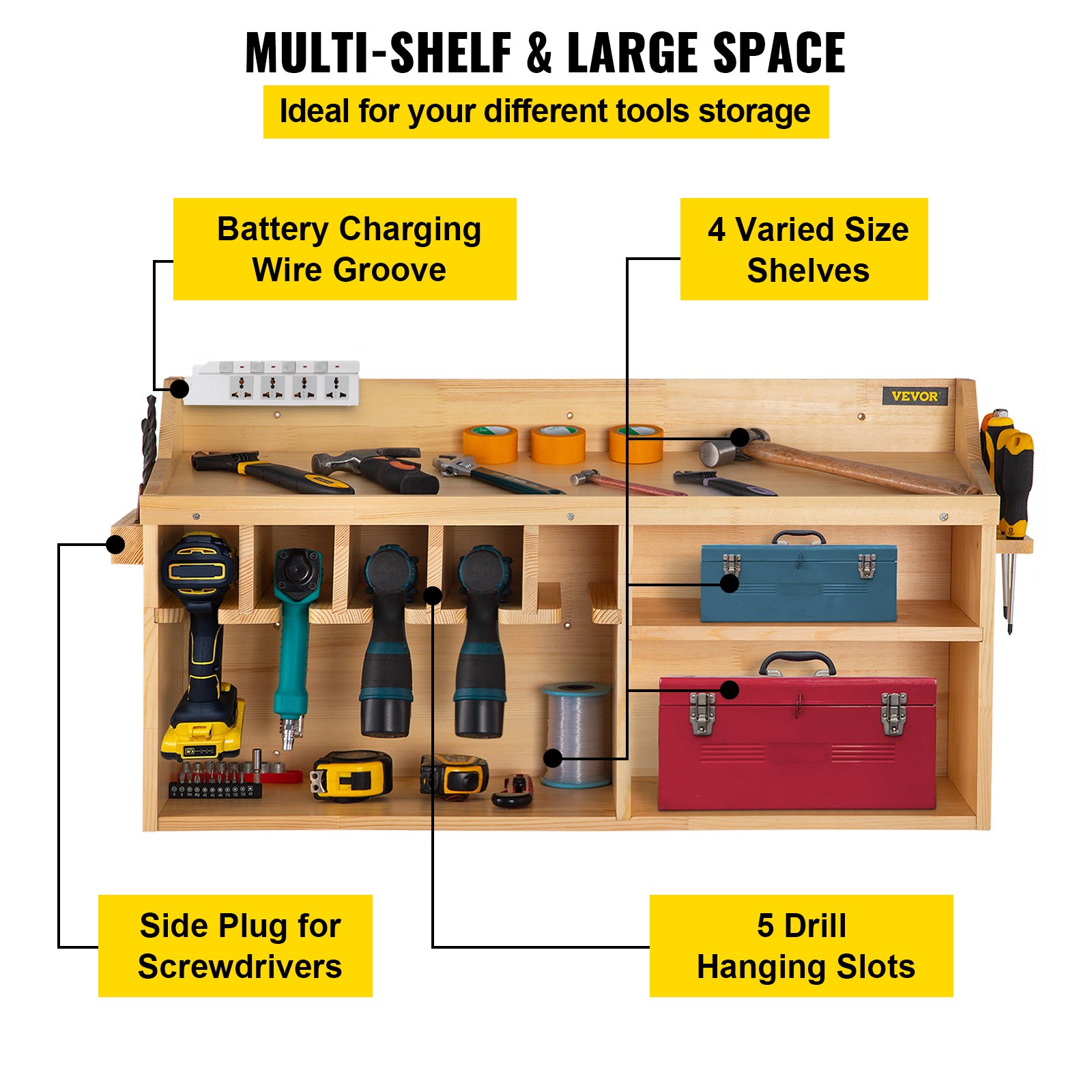 VEVOR Power Tool Organizer, Wall Mount/Benchtop Drill Holder, 5 Hanging