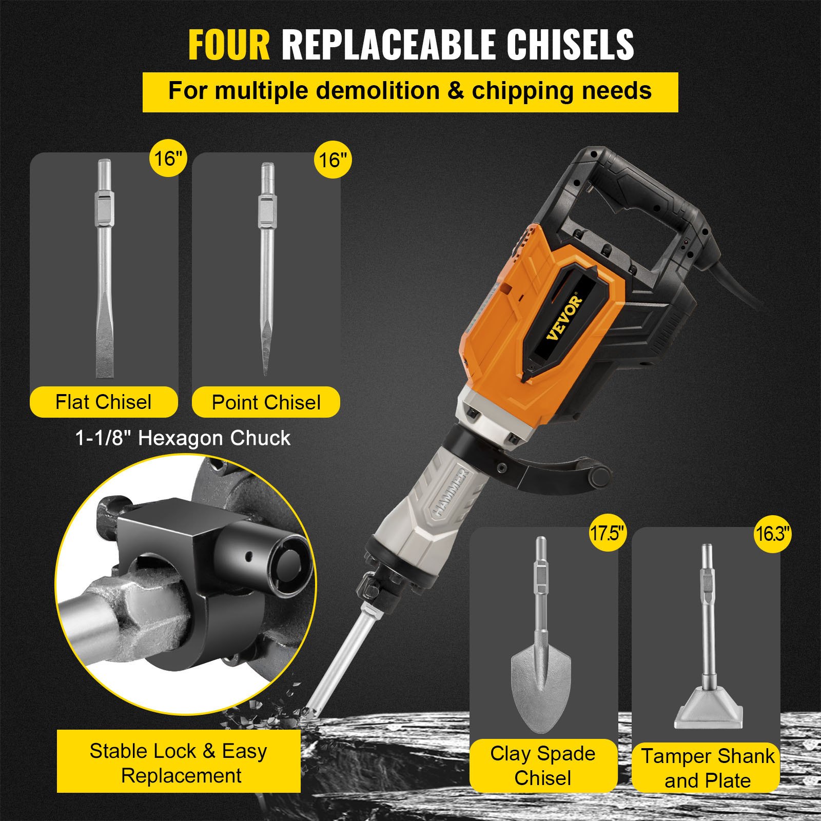 VEVOR VEVOR Demolition Jack Hammer, 4500W 1800BPM, 11/8" Hex Heavy
