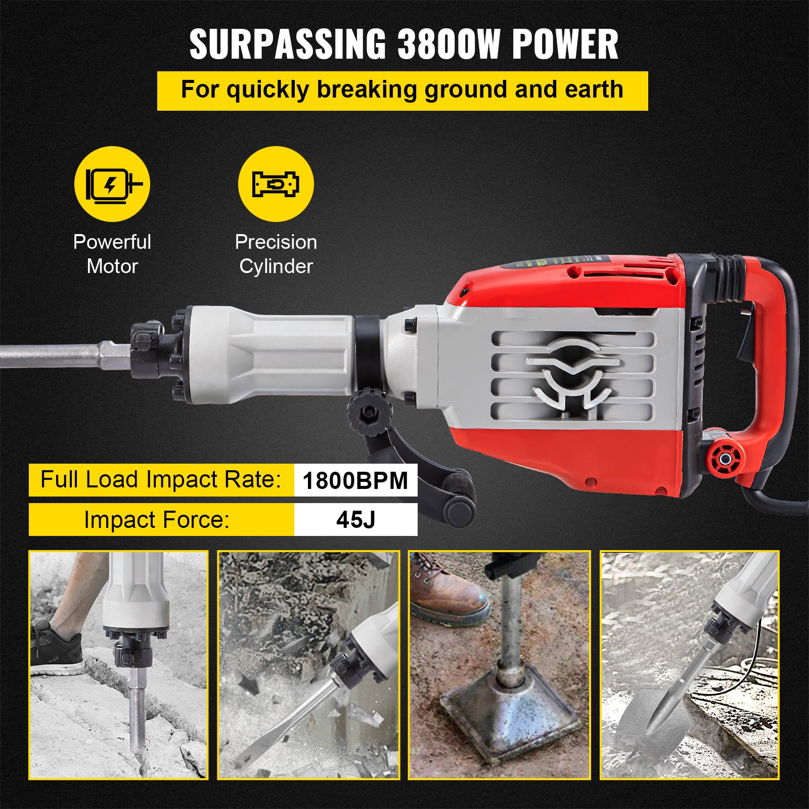 VEVOR Demolition Jack Hammer, 3800W 1800BPM, 11/8' Hex Heavy Duty